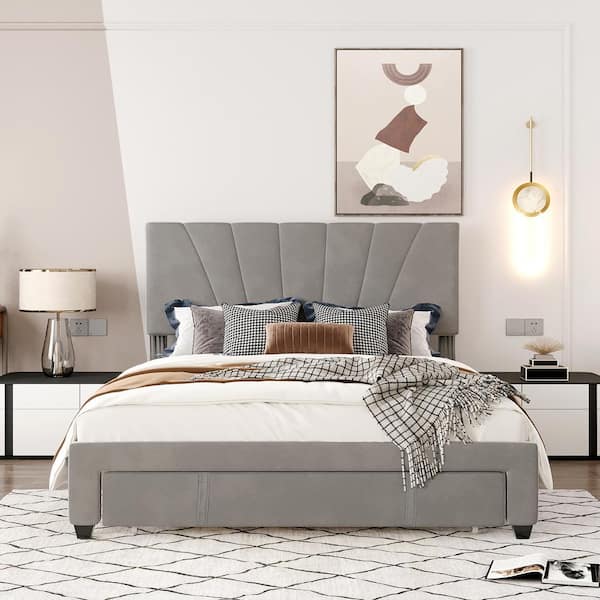 Harper & Bright Designs Gray Wood Frame Queen Size Velvet Upholstered Platform Bed with Big Drawer and Height Adjustable Headboard