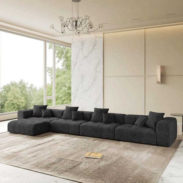 Minimalism L-Shaped 183 in. 5-Piece Linen Fabric Modular Sectional Sofa, Deep Seat Cloud Couch with Ottoman in Black