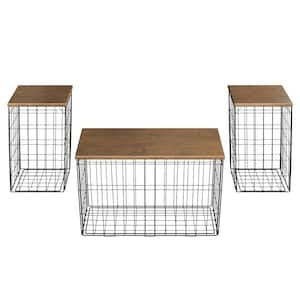 Metal Basket Storage with Removable Lids Top, Set of 3-Living Room Tables, 2-Small Side and 1-Large Accent (Brown/Black)