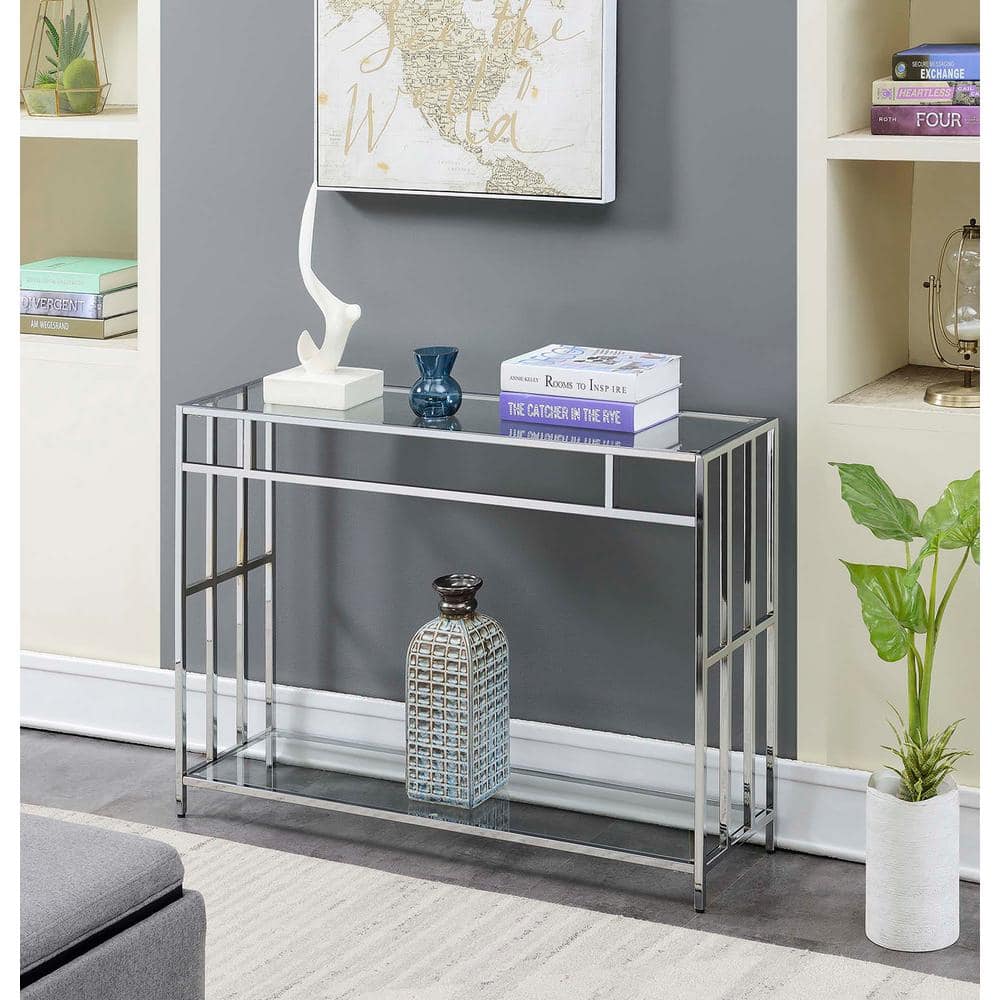 Mission Clear Glass and Chrome Console Table with Storage