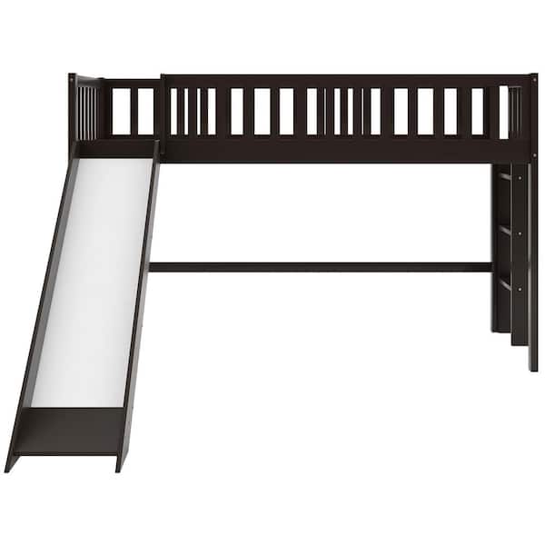 STICKON Espresso Twin Size Low Loft Bed with Ladder and Slide