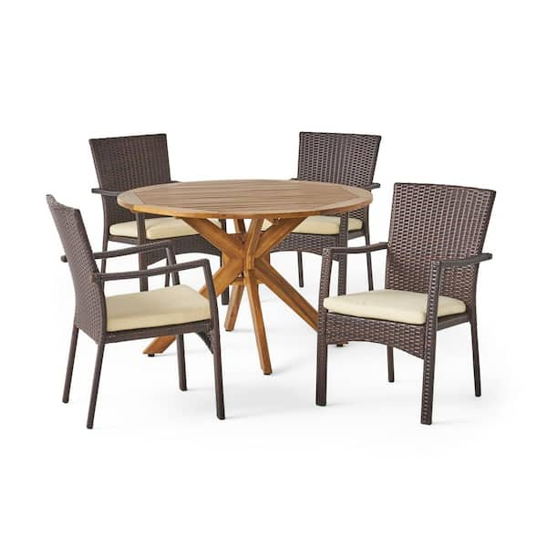 Noble House Hugo 5-Piece Wood and Faux Rattan Circular Outdoor Patio Dining Set with Crme Cushion