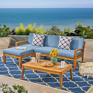 5 Piece Acacia Wood Outdoor Patio Sofa Sectional Chat Set with Solid Wood Coffee Table and Blue Cushions