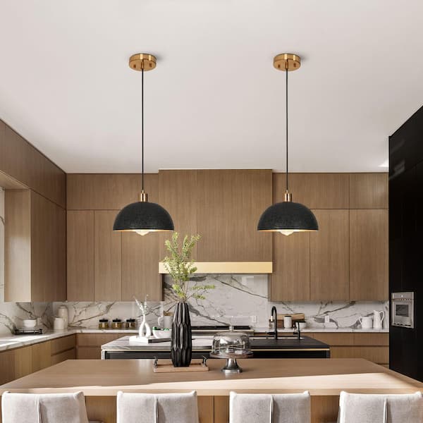 1-Light Black and Plated Gold Pendant Light with Transitional Design and Resin Shade for Dining Room Hanging