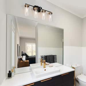 29 in. Modern 4-Light Black and Brass Gold Bathroom Vanity Light, Clear Glass Shade Bath Lighting Cylinder Wall Sconce