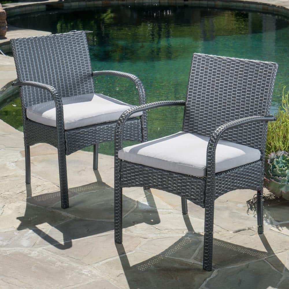 Grey Wicker Outdoor Dining Chair with Grey Cushions (2-Pack)
