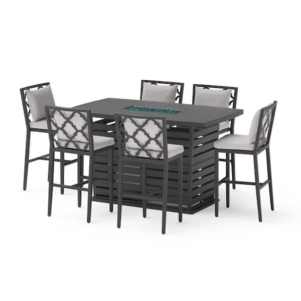 Venetia Bar Fire 7-Piece Aluminum Outdoor Dining Set with Sunbrella Gray Cushions