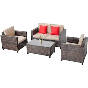 4-Piece Wicker Patio Conversation Set with Brown Cushions