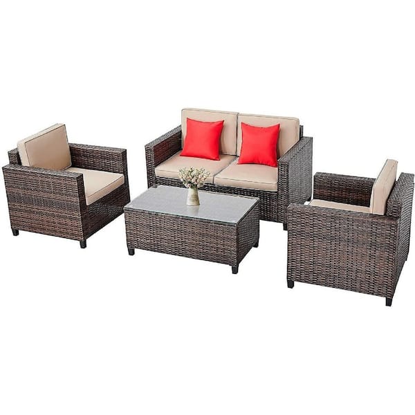 Suncrown 4-Piece Wicker Patio Conversation Set with Brown Cushions