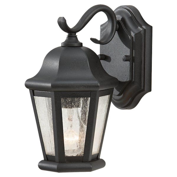 Martinsville 6.25 in. W 1-Light Black Outdoor 10.75 in. Wall Lantern Sconce with Clear Seeded Glass Panels