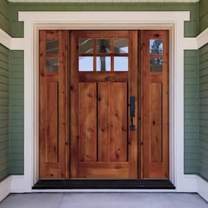 64 in. x 80 in. Craftsman Knotty Alder RM Stained Left-Hand Low-E 10-Lite Clear Wood Single Prehung Front Door/Sidelites