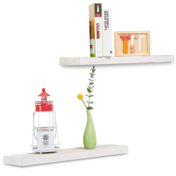 Cubilan 5.5 in. x 16 in. x 1.5 in. White Wood Decorative Wall Shelves with Brackets (set of 2)