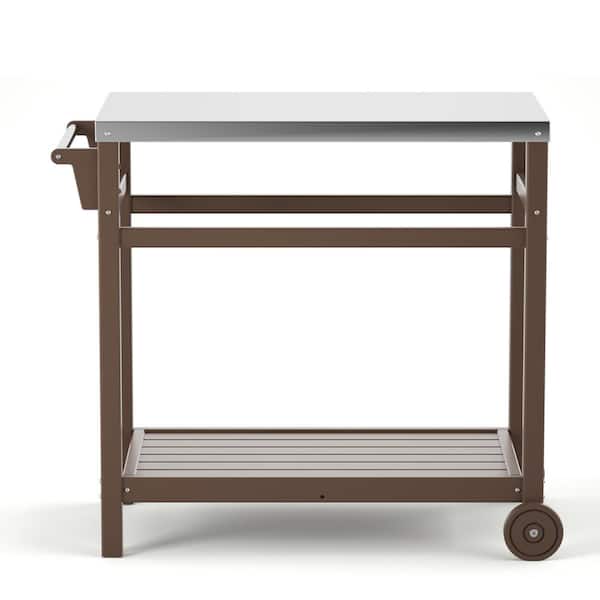 Sudzendf Brown Outdoor Prep Cart Dining Table for Pizza Oven Backyard BBQ Grill Cart