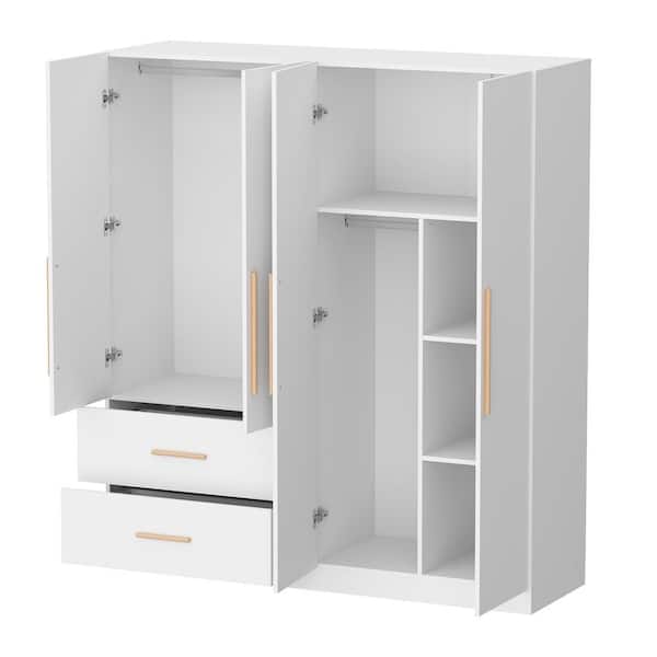 70.9 in. H x 19.5 in. D White 63 in. W 4-Door Big Wardrobe Armoires with Hanging Rods, Drawers and Storage Shelves