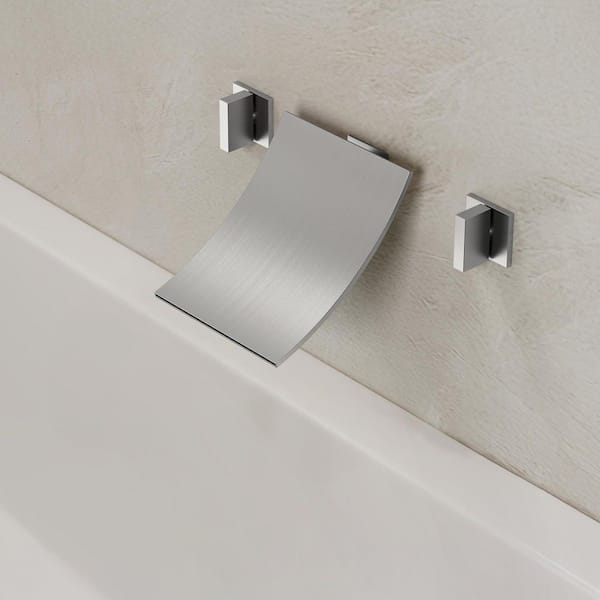 EVERSTEIN 2-Handle Wall Mounted Waterfall Roman Tub Faucet, with High Flow and Brass Rough-In Valve in Brushed Nickel