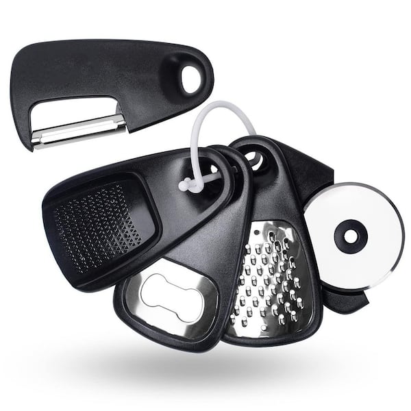Black Kitchen Gadgets Set - 5-Piece Space Saving Cooking Tools with Peeler, Grater, Pizza Cutter, Grinder & Opener