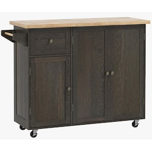 Triple-Cabinet Brown Rubberwood 53.25 in. W x 17.75 in. D x 37.25 in. H Kitchen Island Wit Drawers, Adjusatble Shelves