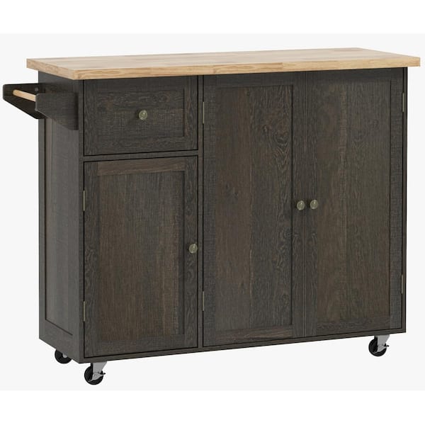 HOMCOM Triple-Cabinet Brown Rubberwood 53.25 in. W x 17.75 in. D x 37.25 in. H Kitchen Island Wit Drawers, Adjusatble Shelves