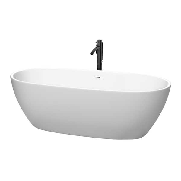 Wyndham Collection Juno 71 in. Acrylic Flatbottom Bathtub in Matte White with Shiny White Trim and Matte Black Faucet