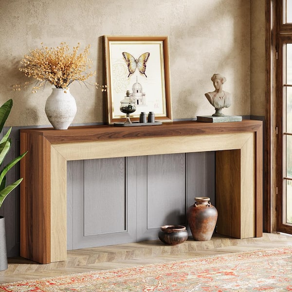 BYBLIGHT Turrella 63 in. Brown and Oak Console Tables, Rectangle Wood Console Tables with Wooden Frame for Living Room