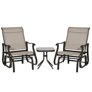 Grey 3-Piece Metal Gliding Chair and Tea Table Set Lawn Chair with Tempered Glass