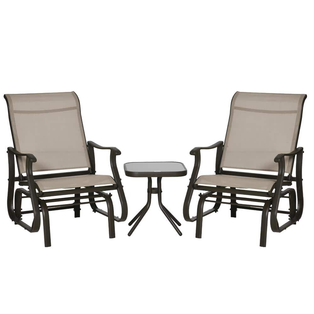 Outsunny Grey 3-Piece Metal Gliding Chair and Tea Table Set Lawn Chair with Tempered Glass - 1