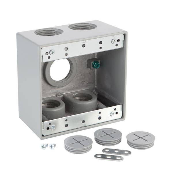 Commercial Electric 2-Gang Deep Metallic Weatherproof Box with (5) 1 in. Holes, Gray