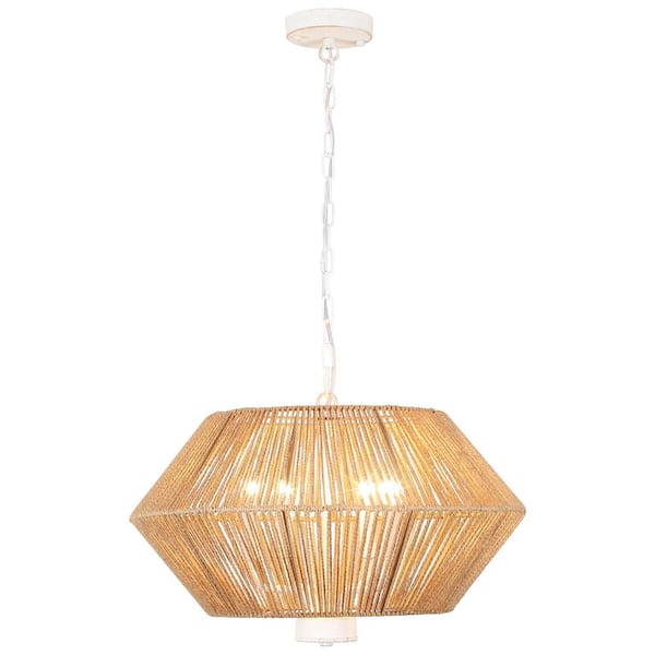 4-Light White Drum Hanging Linear Chandelier Lighting with Paper Rattan Shaded for Kitchen Island