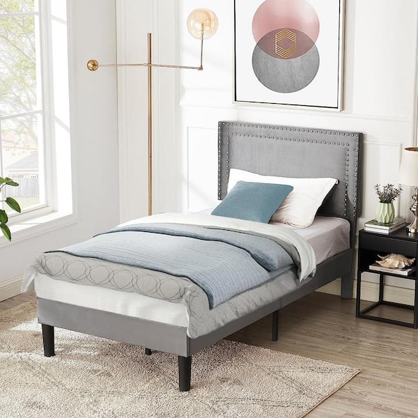 VECELO Upholstered Bed with Adjustable Headboard, No Box Spring Needed Platform Bed Frame, Bed Frame Gray Twin Bed
