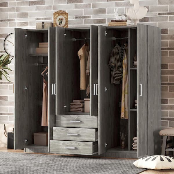 6-Door Gray Wood 70.9 in. Wardrobe with Drawers