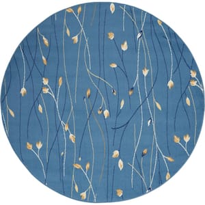 Grafix Light Blue 5 ft. x 5 ft. Floral Contemporary Round Rug