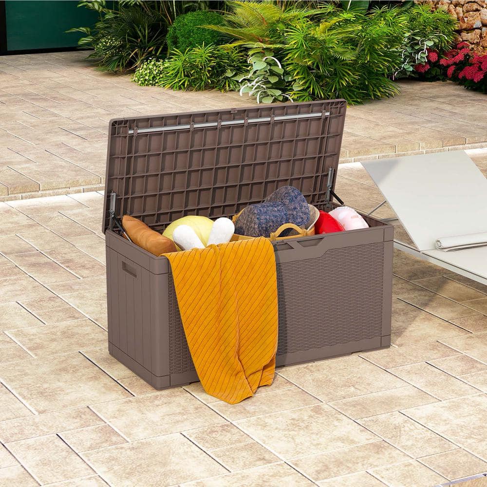 Light Brown Lockable Wicker Resin Deck Box, 100 Gallon