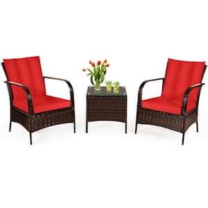 3-Piece Wicker Outdoor Patio Conversation Furniture Set Bistro Set with Red Cushions