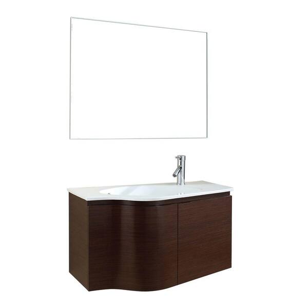 Virtu USA Roselle 36 in. W Bath Vanity in Walnut with Ceramic Vanity Top in White Ceramic with Round Basin and Mirror