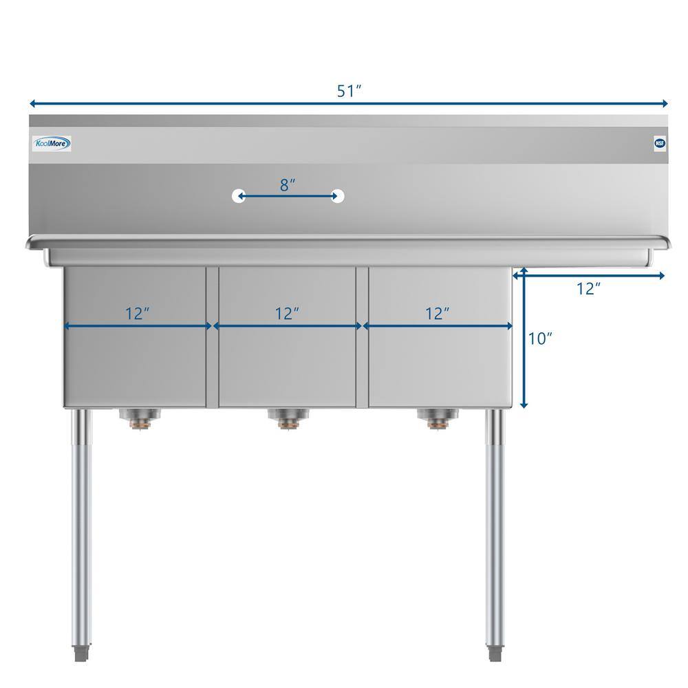 Stainless Steel 3-Compartment Commercial Sink with Right Drainboard