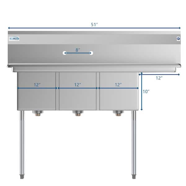 Freestanding Stainless Steel 51 in. 2-Hole Triple Bowl Commercial Kitchen Sink Left Drainboard Freestanding Stainless Steel 51 in. 2-Hole Triple Bowl Commercial Kitchen Sink Left Drainboard