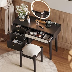 Black 2-Piece Retro Bohemian Style Makeup Vanity Set with Stool, 4-Drawer, Charging Plug and USB Port