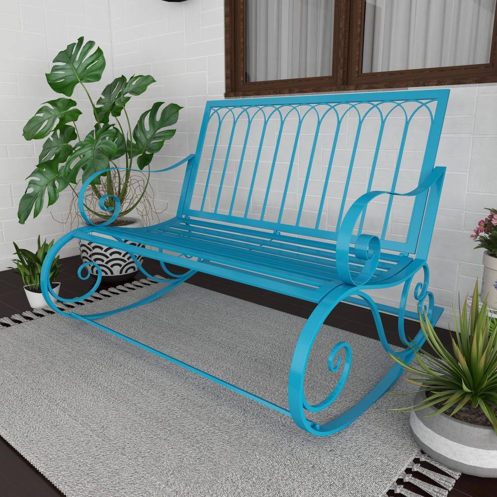 Teal Metal Rocking Outdoor Bench with Scrolled Armrests
