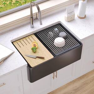 30 in. Farmhouse/Apron-Front Single Bowl Fireclay Workstation Kitchen Sink in Matte Black