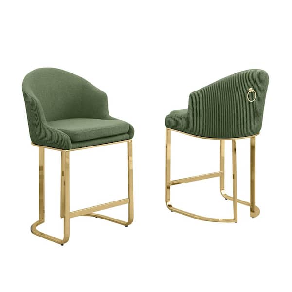 Best Quality Furniture Raul 24 in. Green Low Back Metal Frame Gold Chrome Iron Legs Counter Stool With Teddy Fabric Set of 2