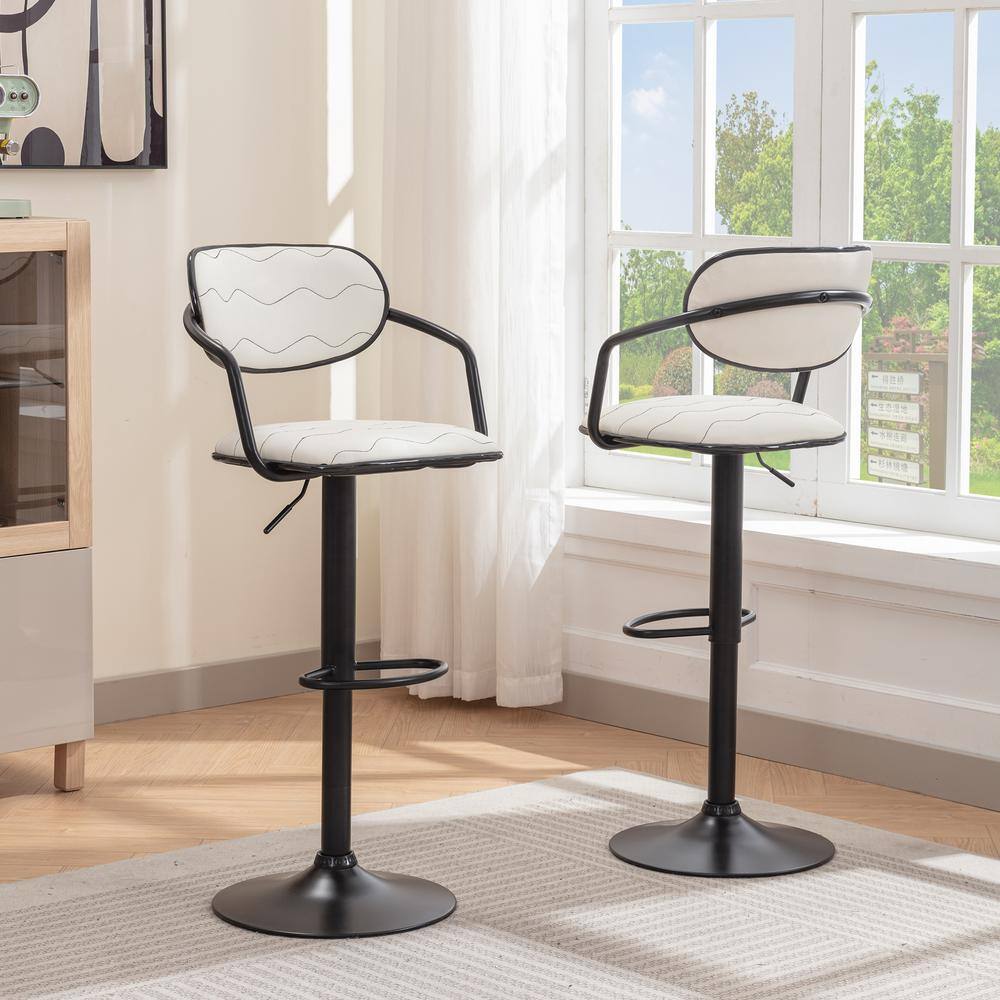 Adjustable White Faux Leather Swivel Bar Stools with Black Metal Frame, Set of 2