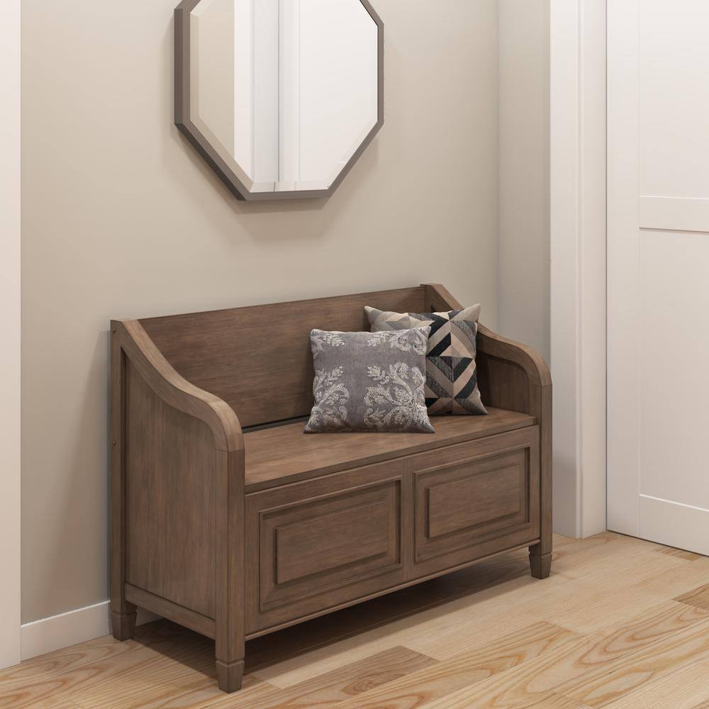 Rustic Natural Aged Brown Pine Storage Bench with Cut Out Design