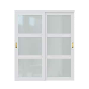 72 in. x 80 in. 3 Lite Tempered Frosted Glass Closet Sliding Door with Hardware and No Grooving Handles