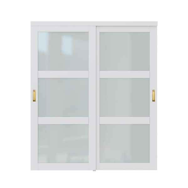 EH PUERTA 72 in. x 80 in. 3 Lite Tempered Frosted Glass Closet Sliding Door with Hardware and No Grooving Handles