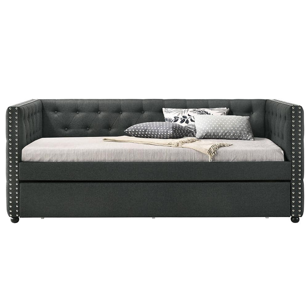 Romona Gray Twin Upholstered Daybed with Trundle and Nailhead Trim