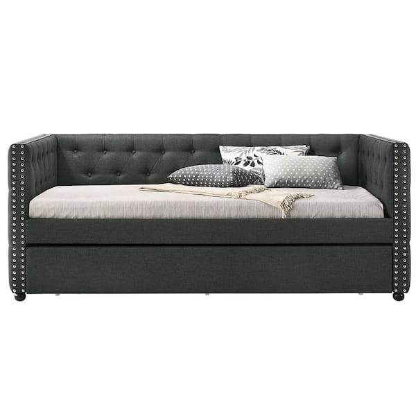 Acme Furniture Romona Gray Linen Daybed Set of 1 with Nailhead Trim, Trundle, Tufted, and Upholstered