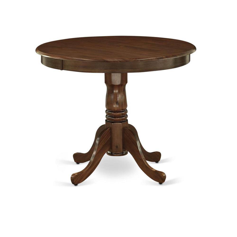 Mahogany Round Pedestal Dining Table with 2 Light Tan Linen Chairs