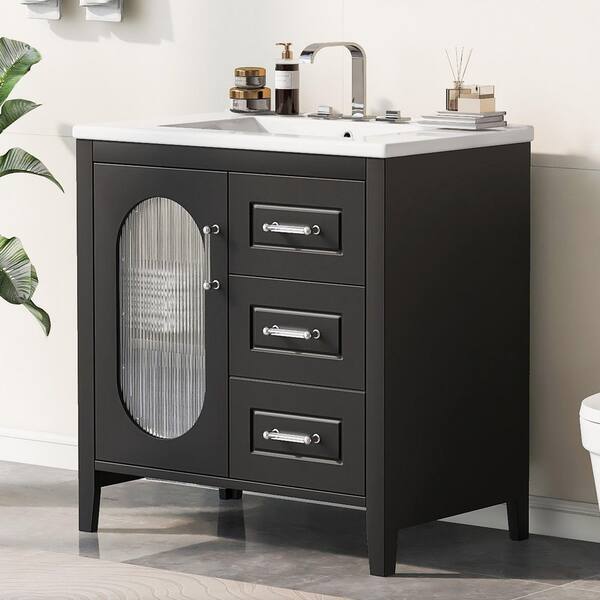30 in. Single Sink Freestanding Black Bath Vanity with White Ceramic Top, Adjustable Shelf and 2 Drawers