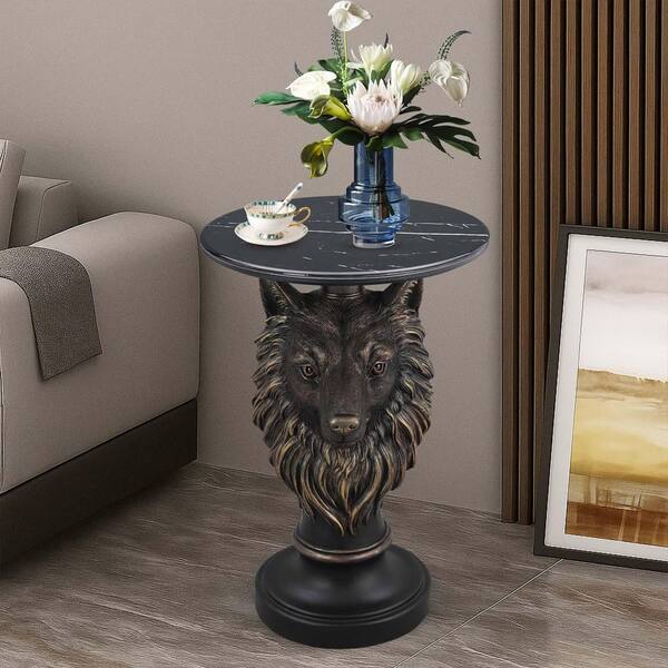 Wolf Head Accent Table Animal Statue End Tables in Brown for