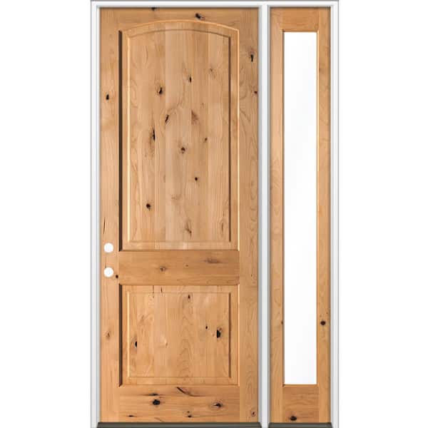 50 in. x 96 in. Knotty Alder 2-Panel Arch-Top Right-Hand/Inswing Clear Glass cedar Stain Wood Prehung Front Door w/RFSL